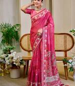 Pink shimmer printed zari saree with unstitched blouse piece.
