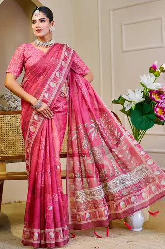 Pink shimmer printed zari saree with unstitched blouse piece.