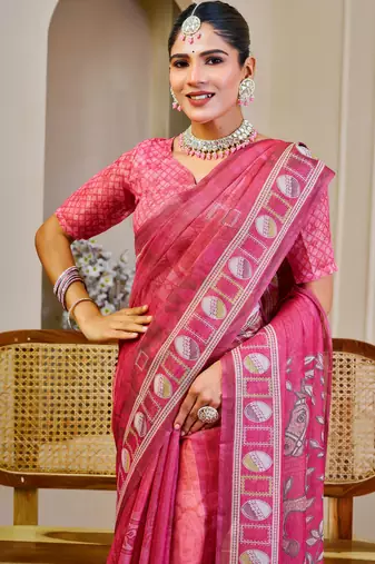 Pink shimmer printed zari saree with unstitched blouse piece.