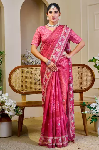 Pink shimmer printed zari saree with unstitched blouse piece.