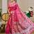 Pink shimmer printed zari saree with unstitched blouse piece.
