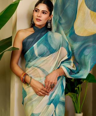 Teal shimmer printed zari saree with unstitched blouse piece. 2