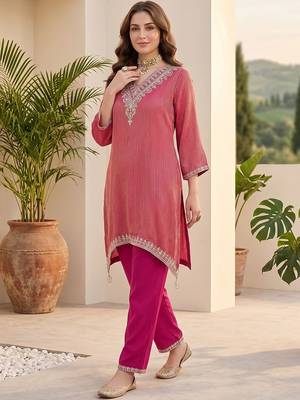 Women Striped Regular Thread Work Kurta with Trousers 1