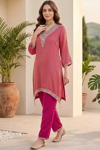 Women Striped Regular Thread Work Kurta with Trousers