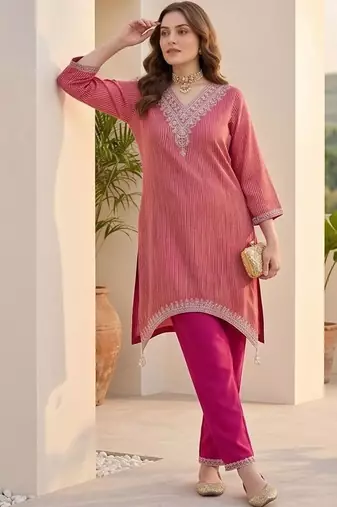 Women Striped Regular Thread Work Kurta with Trousers