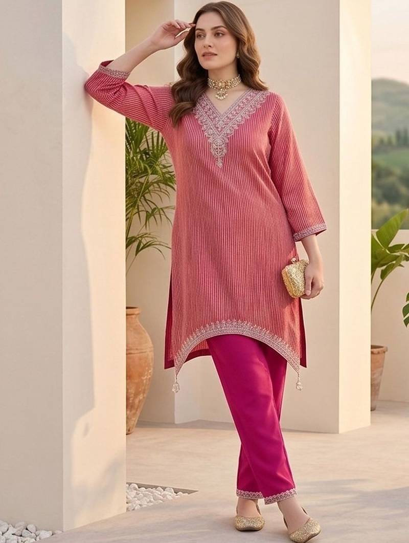 Women Striped Regular Thread Work Kurta with Trousers