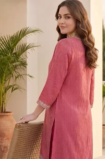 Women Striped Regular Thread Work Kurta with Trousers