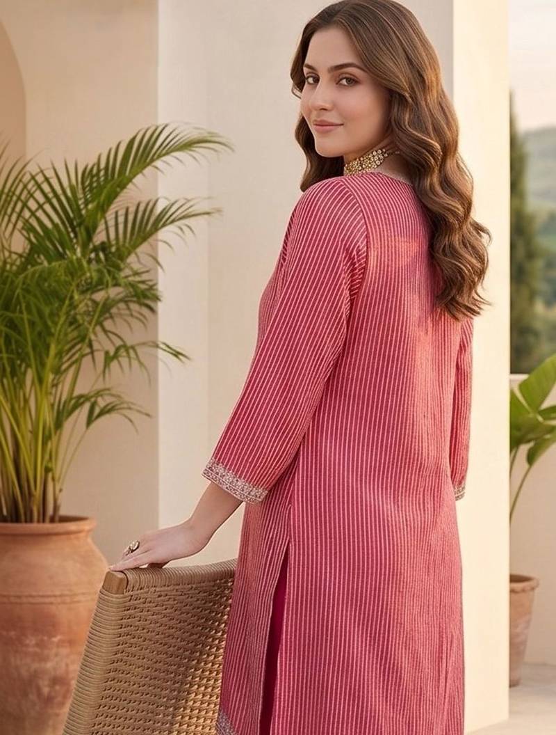 Women Striped Regular Thread Work Kurta with Trousers