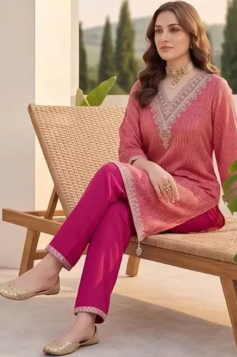 Women Striped Regular Thread Work Kurta with Trousers