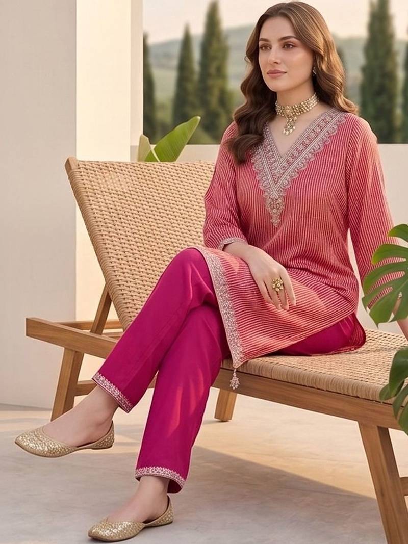 Women Striped Regular Thread Work Kurta with Trousers