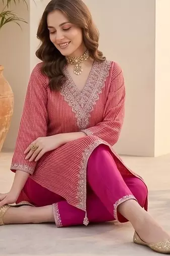 Women Striped Regular Thread Work Kurta with Trousers
