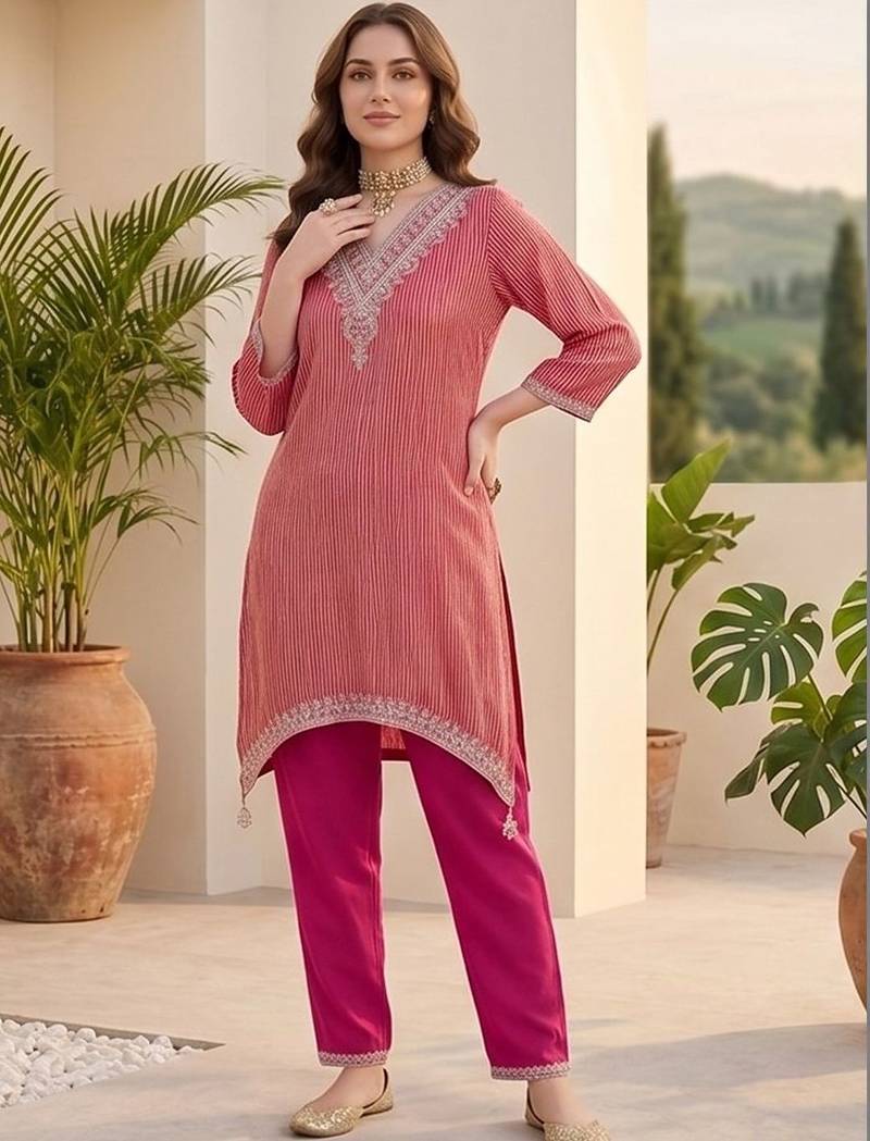 Women Striped Regular Thread Work Kurta with Trousers