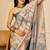Peach & sea green shimmer printed zari saree with unstitched blouse piece.