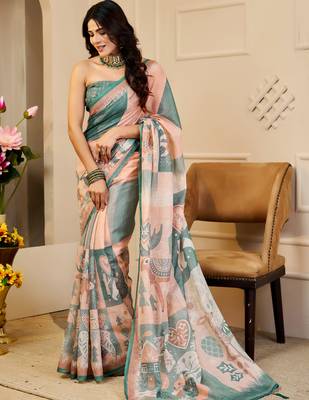 Peach & sea green shimmer printed zari saree with unstitched blouse piece. 4