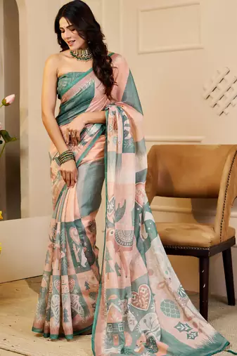 Peach & sea green shimmer printed zari saree with unstitched blouse piece.