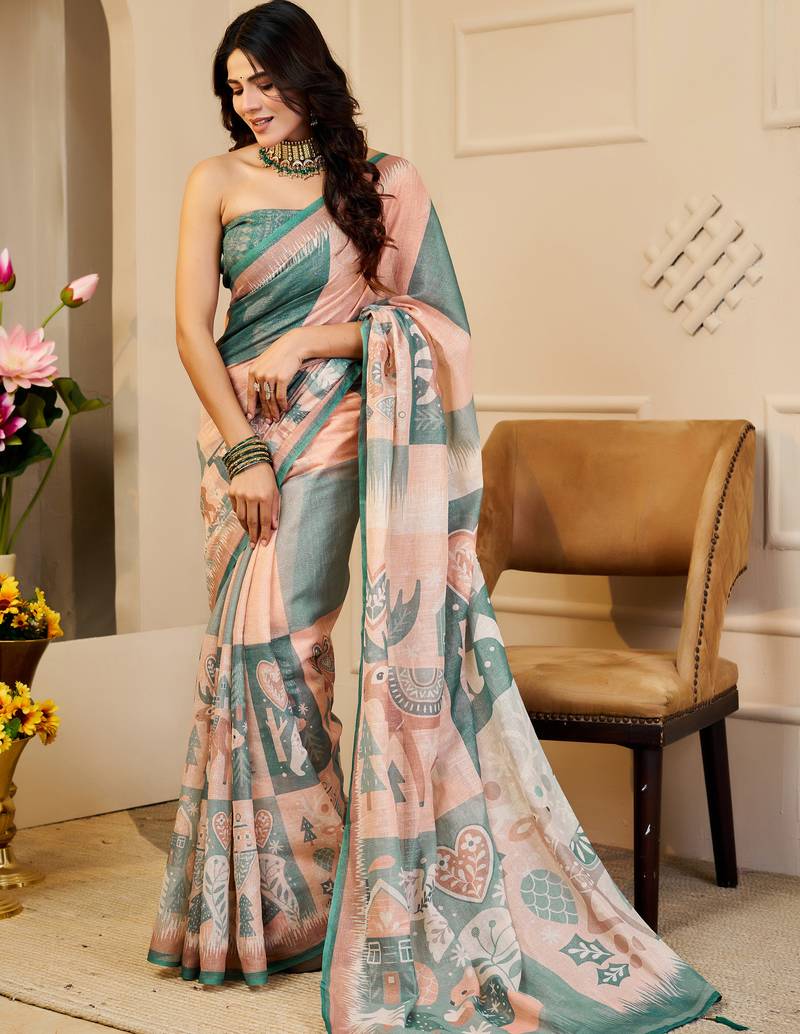 Peach & sea green shimmer printed zari saree with unstitched blouse piece.