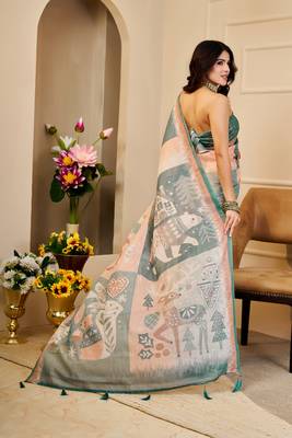 Peach & sea green shimmer printed zari saree with unstitched blouse piece. 5