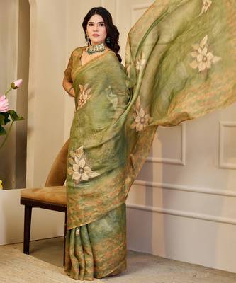 Olive shimmer printed zari saree with unstitched blouse piece. 1