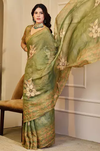 Olive shimmer printed zari saree with unstitched blouse piece.