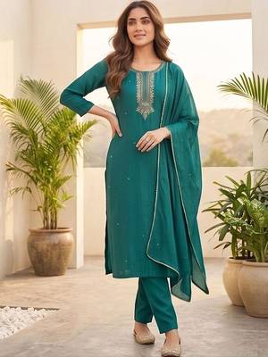 Women Ethnic Motifs Embroidered Regular Thread Work Kurta with Trousers & With Dupatta 1