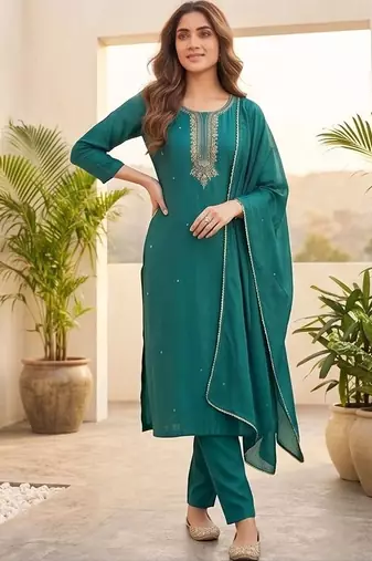 Women Ethnic Motifs Embroidered Regular Thread Work Kurta with Trousers & With Dupatta
