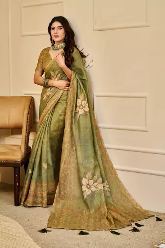 Olive shimmer printed zari saree with unstitched blouse piece.