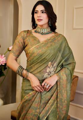 Olive shimmer printed zari saree with unstitched blouse piece. 3