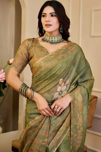 Olive shimmer printed zari saree with unstitched blouse piece.