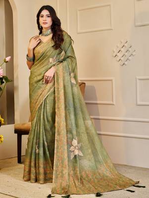 Olive shimmer printed zari saree with unstitched blouse piece. 4