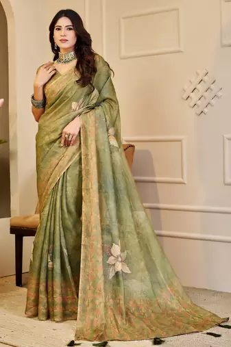 Olive shimmer printed zari saree with unstitched blouse piece.