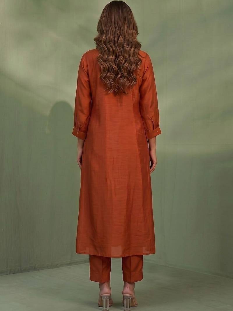 Women Floral Embroidered Empire Thread Work Chanderi Cotton Kurta with Trousers & With Dupatta