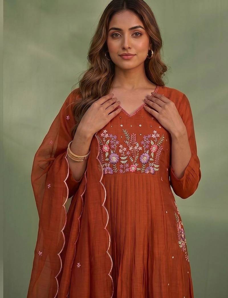 Women Floral Embroidered Empire Thread Work Chanderi Cotton Kurta with Trousers & With Dupatta
