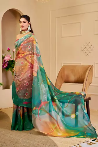 Multi color shimmer printed zari saree with unstitched blouse piece.