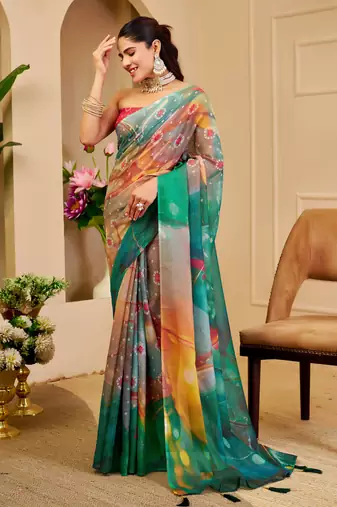 Multi color shimmer printed zari saree with unstitched blouse piece.