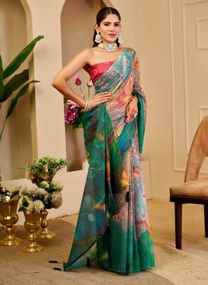 Multi color shimmer printed zari saree with unstitched blouse piece. 3
