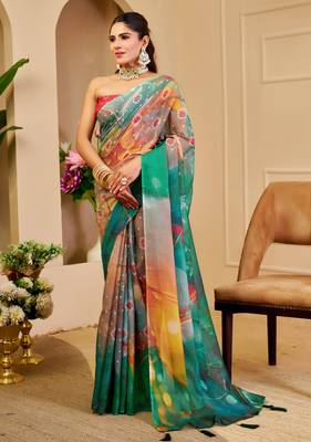Multi color shimmer printed zari saree with unstitched blouse piece. 5