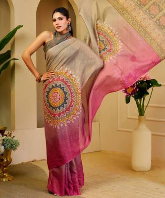 Multi color shimmer printed zari saree with unstitched blouse piece. 1
