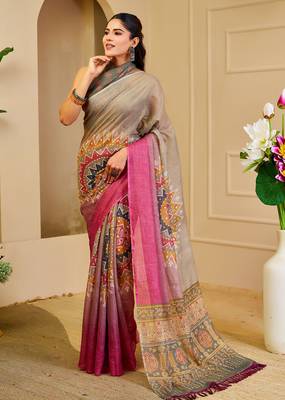 Multi color shimmer printed zari saree with unstitched blouse piece. 2