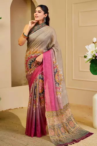 Multi color shimmer printed zari saree with unstitched blouse piece.