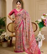 Beige shimmer printed zari saree with unstitched blouse piece.