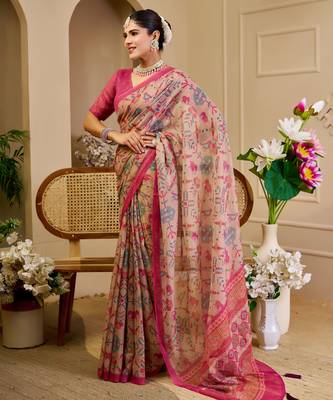 Beige shimmer printed zari saree with unstitched blouse piece. 2