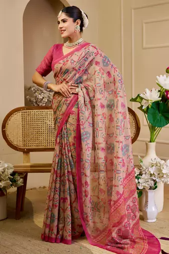 Beige shimmer printed zari saree with unstitched blouse piece.