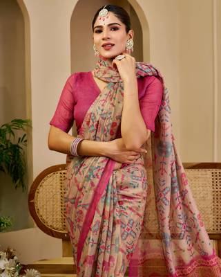 Beige shimmer printed zari saree with unstitched blouse piece. 3
