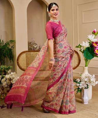 Beige shimmer printed zari saree with unstitched blouse piece. 4