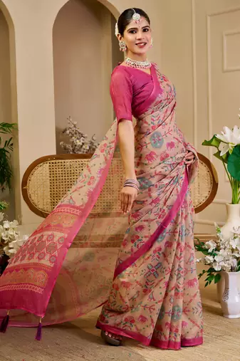 Beige shimmer printed zari saree with unstitched blouse piece.
