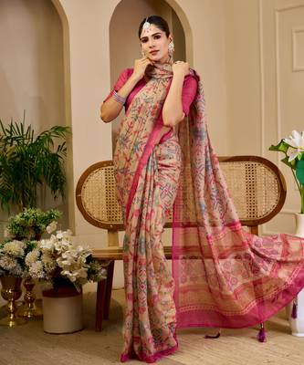 Beige shimmer printed zari saree with unstitched blouse piece. 5