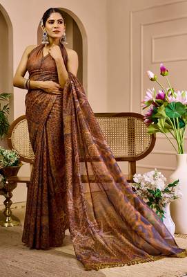 Brown shimmer printed zari saree with unstitched blouse piece. 2