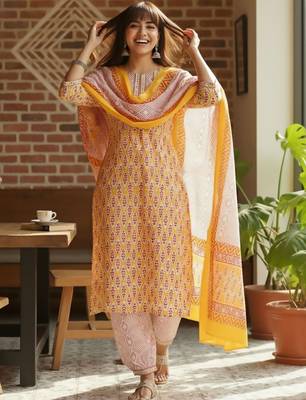 Ethnic Motifs Printed Round Neck Straight Kurta With Pyjamas & Dupatta 1