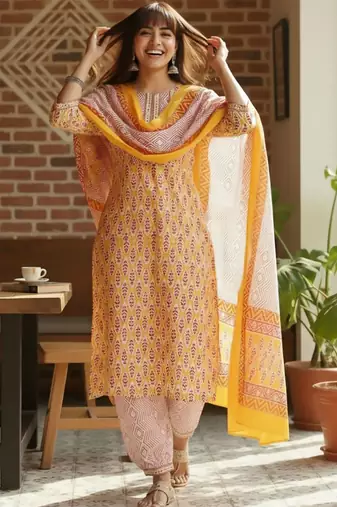 Ethnic Motifs Printed Round Neck Straight Kurta With Pyjamas & Dupatta