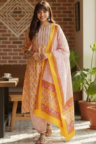 Ethnic Motifs Printed Round Neck Straight Kurta With Pyjamas & Dupatta